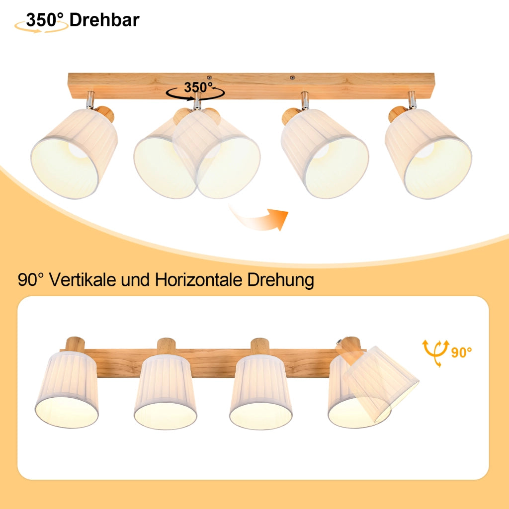 ZMH Faretto da soffitto 4 Luci Legno E14 Boho Bianco Tessuto Orientabile 350¡ã per Corridoio Soggiorno Senza Lampadina