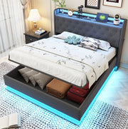 Letto imbottito con LED; USB e contenitore idraulico 140x200 cm in tessuto effetto lino grigio