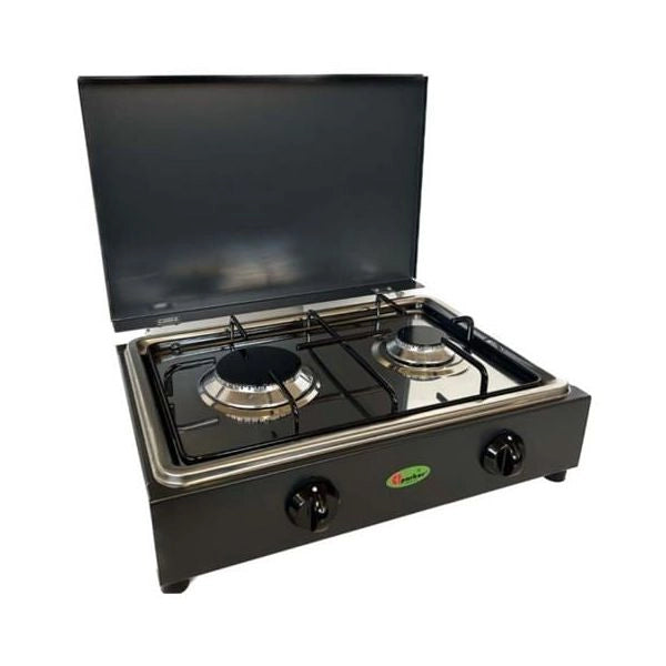 Parker srl parker fornello da tavolo grigio grafite con piano in acciaio inox 2 fuochi con piano removibile per la pulizia alimentazione gas gpl (bombole) per uso esterno - fo200gspg - 8052780604376