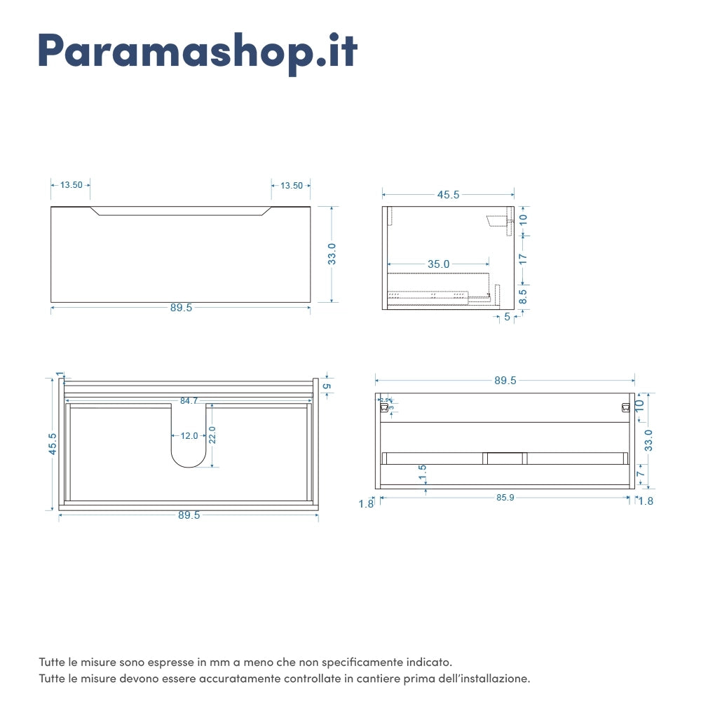 Mobile bagno sospeso modulare 90 cm sabbia opaco due cassetti con top | Bako