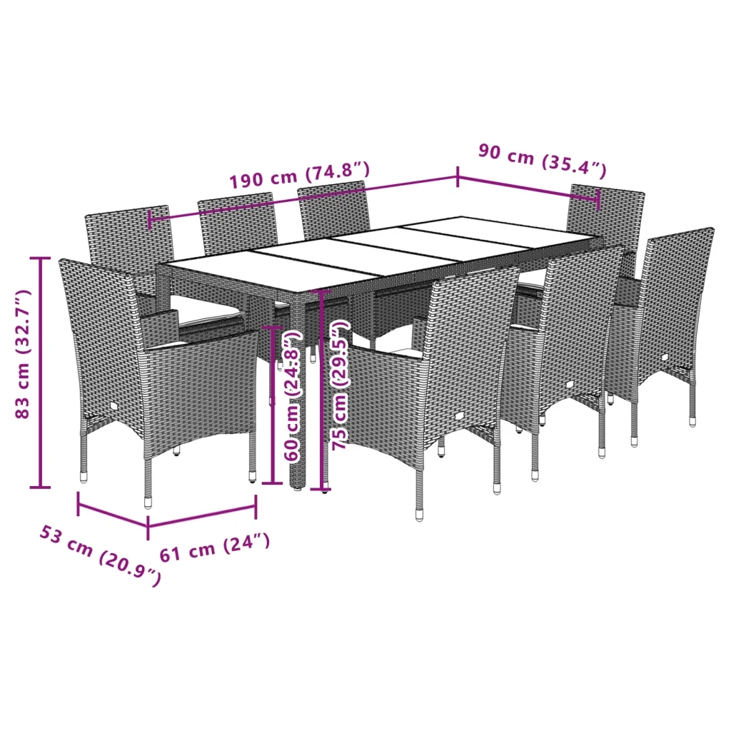 Set Pranzo da Giardino 9pz con Cuscini Polyrattan Acacia Grigio