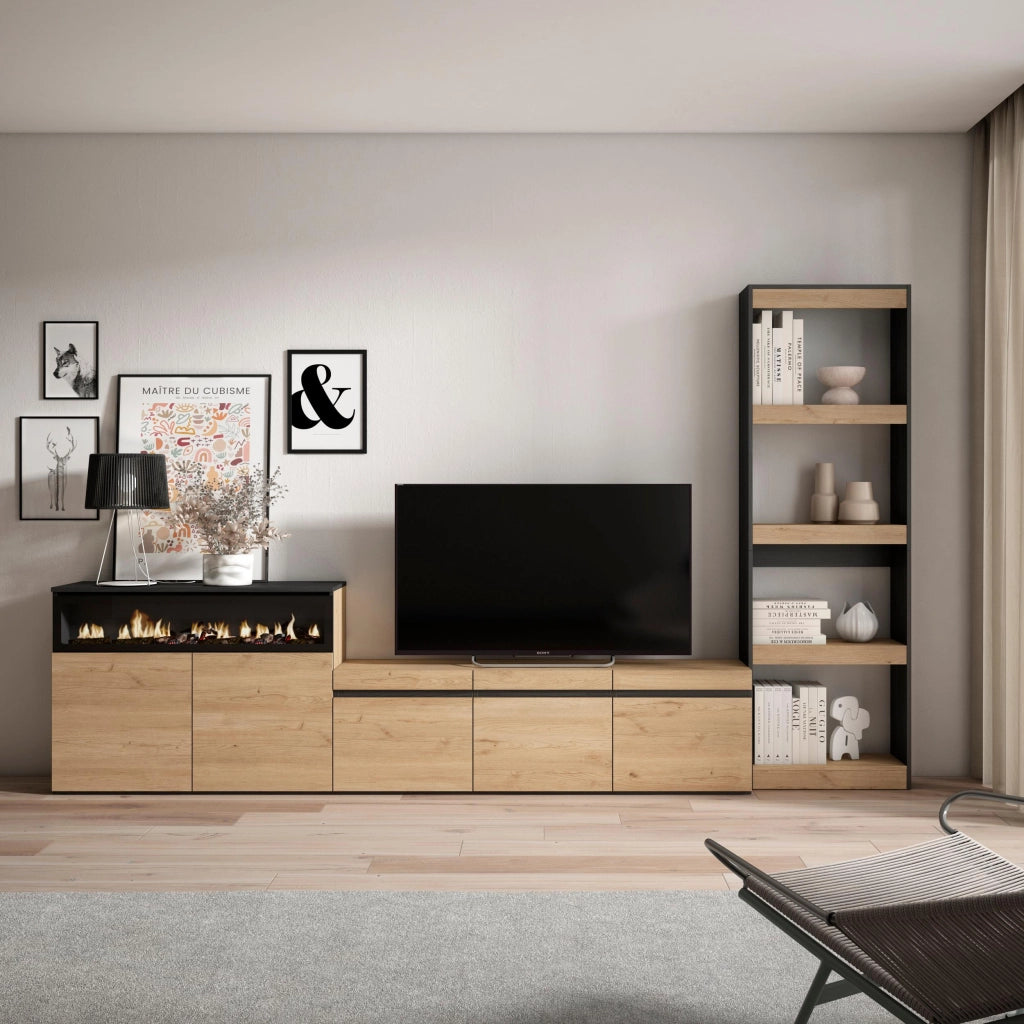 Mobile TV, Soggiorno, 310x35x186cm, Per TV fino a 65", Camino elettrico, colore Rovere e nero RF3153
