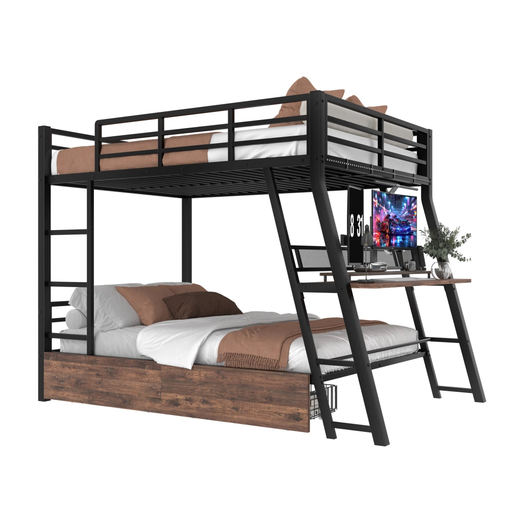 Letto a soppalco 140x200 cm in metallo e MDF; con scrivania; LED; cassetti; nero