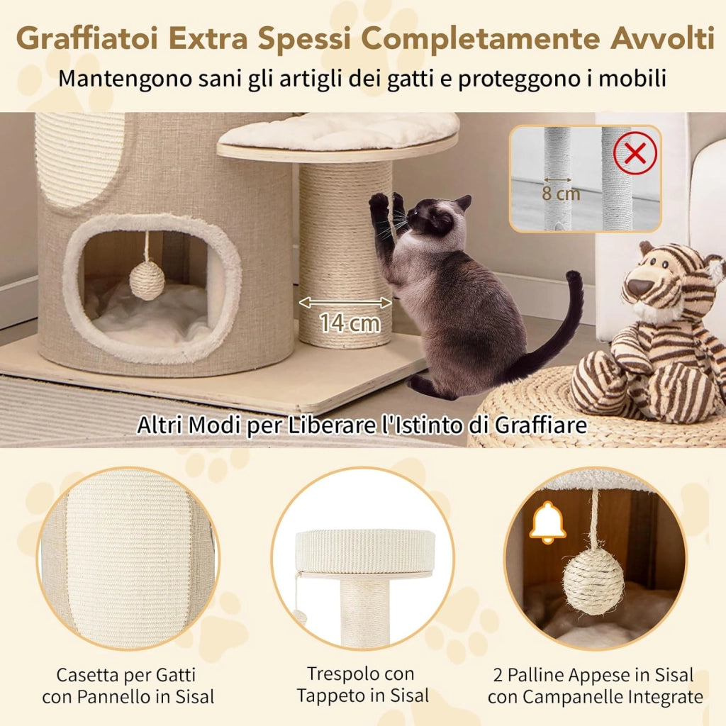 Albero per Gatti da 154 cm, Torre per Gatti Multi-livello con Condominio a 2 Piani, Ampio Piazzale, Tiragraffi in Sisal, Moderno Centro Giochi per Gattini