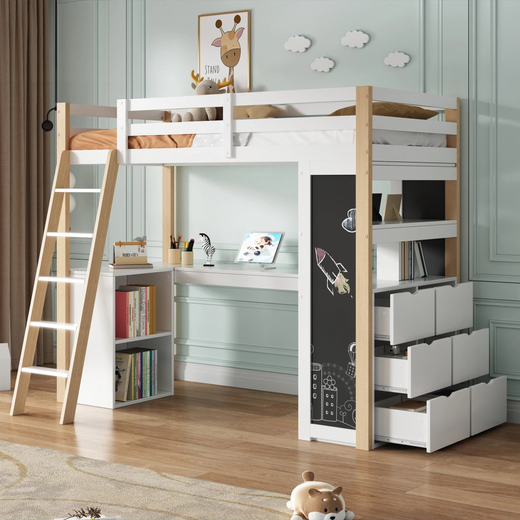 Letto a castello multifunzionale per bambini - Zephmum - Con scrivania, scala e cassetti - 90x200 cm - Bianco e naturale