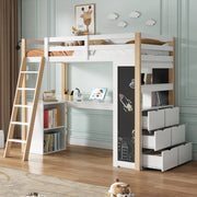 Letto a castello multifunzionale per bambini - Zephmum - Con scrivania, scala e cassetti - 90x200 cm - Bianco e naturale