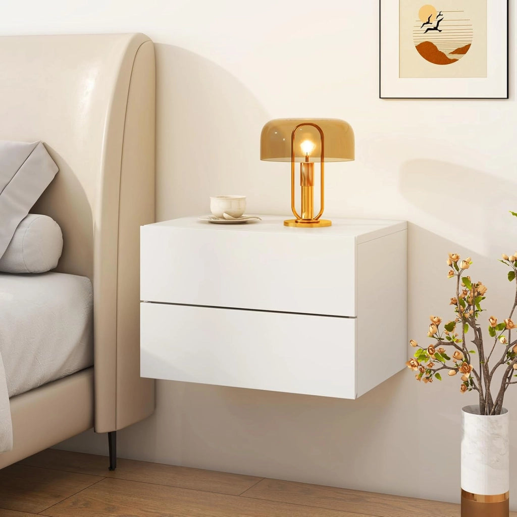 Comodino Camera da Letto Sospeso, Comodino in Legno con 2 Cassetti Salvaspazio, Comodino per Cameretta Moderno da Parete, per Soggiorno, 42 x 30 x 28 cm (Bianco)