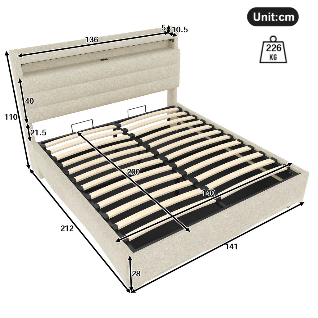 DESMIU Letto contenitore 140 × 200 cm 2 posti con LED regolabile, USB, USB-C e vano, senza materasso, beige