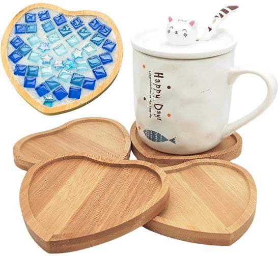 Otturatori in bambù, fondi vuoti per hobby, attrezzi per mosaico, sottopanchetti per bicchieri, sottopanchetti per piante, pannelli artistici (a forma di cuore), 4-pack