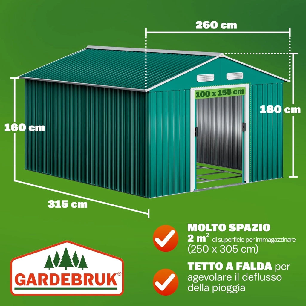 Capanno da Giardino XXL 8m² Fondamenta 312x257x178cm Porta Scorrevole Rimessa per Attrezzi da Esterno 15m³