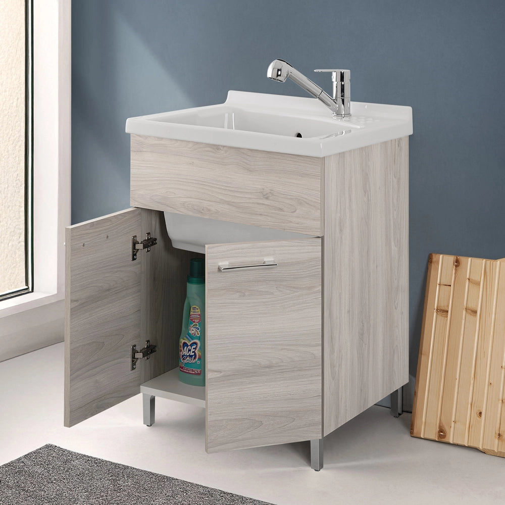 Mobile lavatoio 60x50 rovere grigio Moon con vasca in ceramica Dolomite
