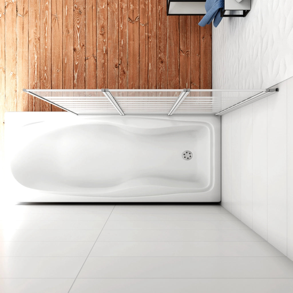 130x140 cm Parete Vasca da Bagno Doccia 3 Ante Pieghevoli a Libro Montaggio Verso Sinistro Vetro 4 mm Temperato Fasce Bianche Opache Telaio Argento Opaco
