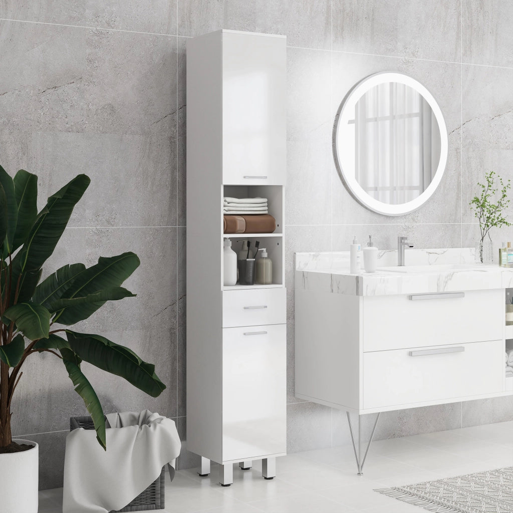 Mobile a Colonna Bagno 30x30x180 cm con Armadietti e Ripiani a Giorno Rivestimento in Melamina Bianco Lucido