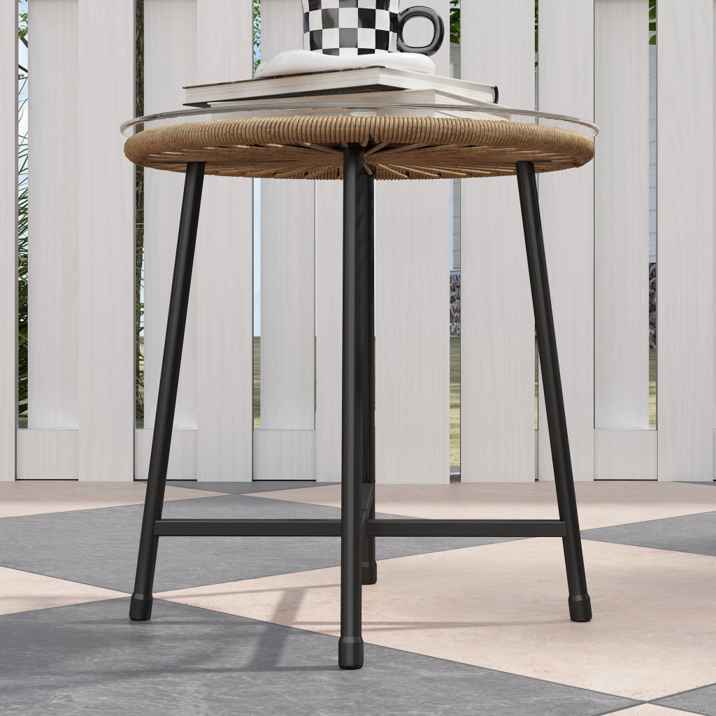 Set da Giardino 3 Pezzi 2 Sedie e Tavolino con Piano in Vetro in Rattan PE Legno Naturale  Beige e Nero