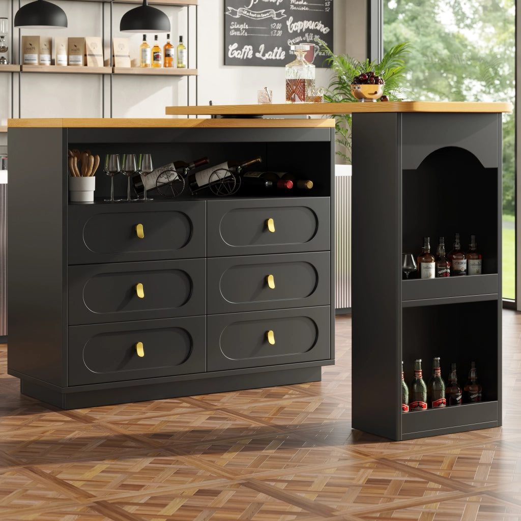 Tavolo bar estraibile e girevole 360¡ã - Zephmum - Regolabile 138-203cm, nero con cassetti