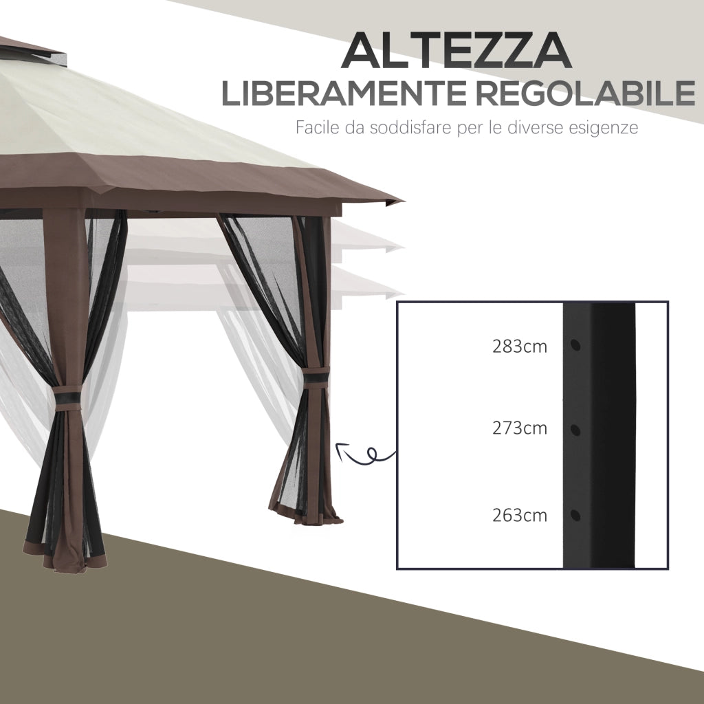 Gazebo Pieghevole 4x4 m ad Altezza Regolabile con Zanzariera e Borsa in Metallo e Tessuto Oxford Beige