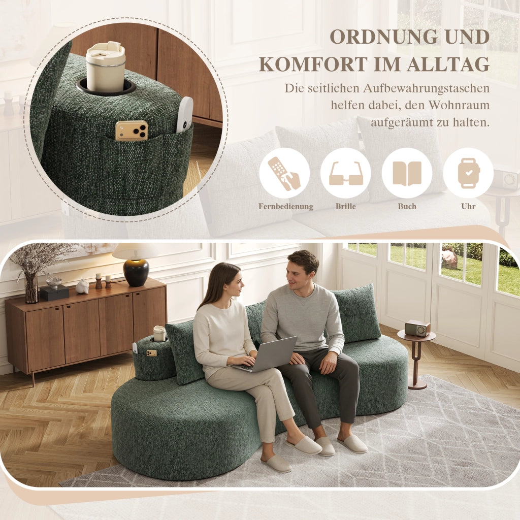Divano in lino con portabicchieri tasche laterali e 4 cuscini imbottitura in schiuma verde 240 × 109 × 63 cm