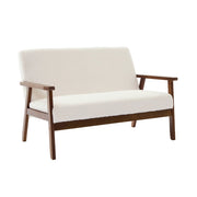 Divano in tessuto bouclé con gambe in legno tinto noce chiaro, 2
