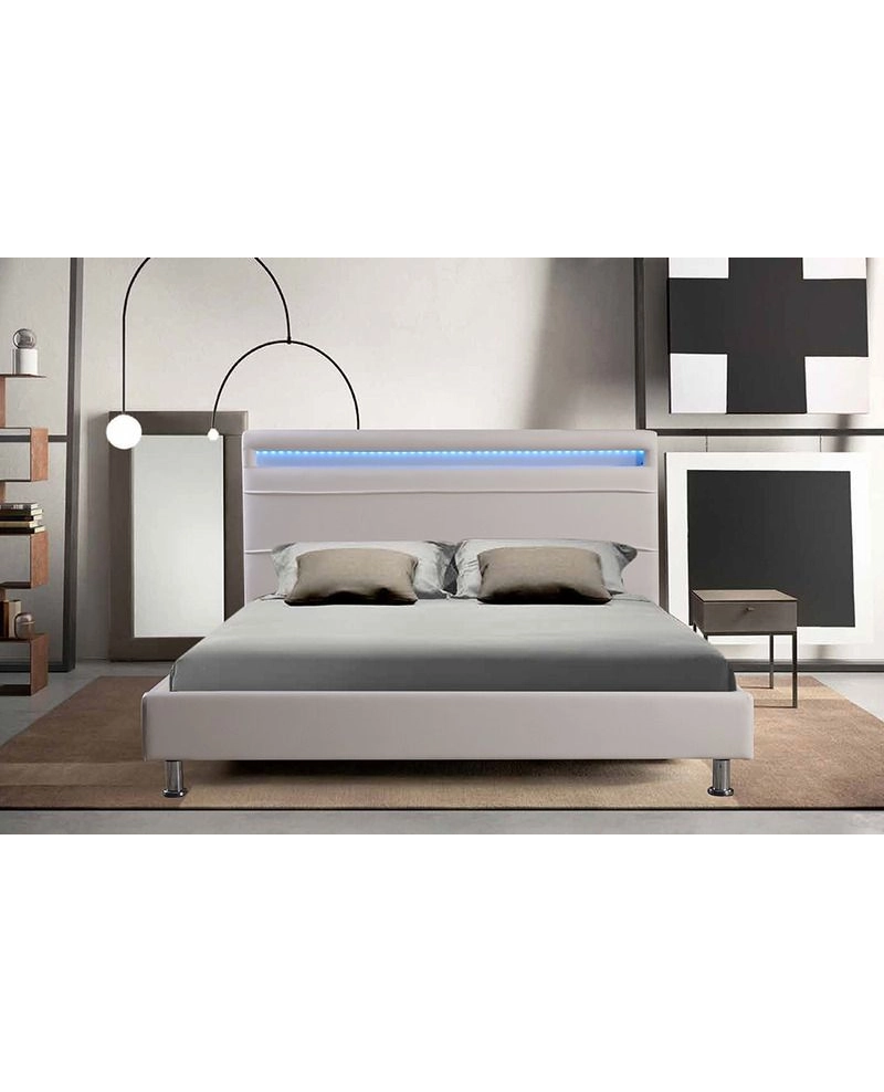 Letto Matrimoniale Moderno Ecopelle Bianco, Led 220x174cm