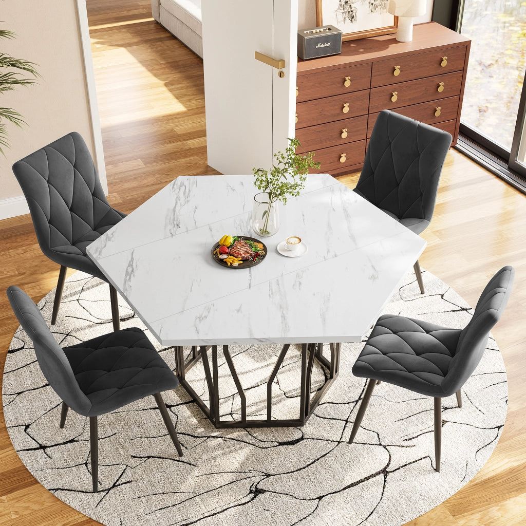 Tavolo da pranzo per 4 persone con 4 sedie in velluto, stile moderno, struttura in acciaio, nero e grigio, 115,5 × 100 × 75 cm