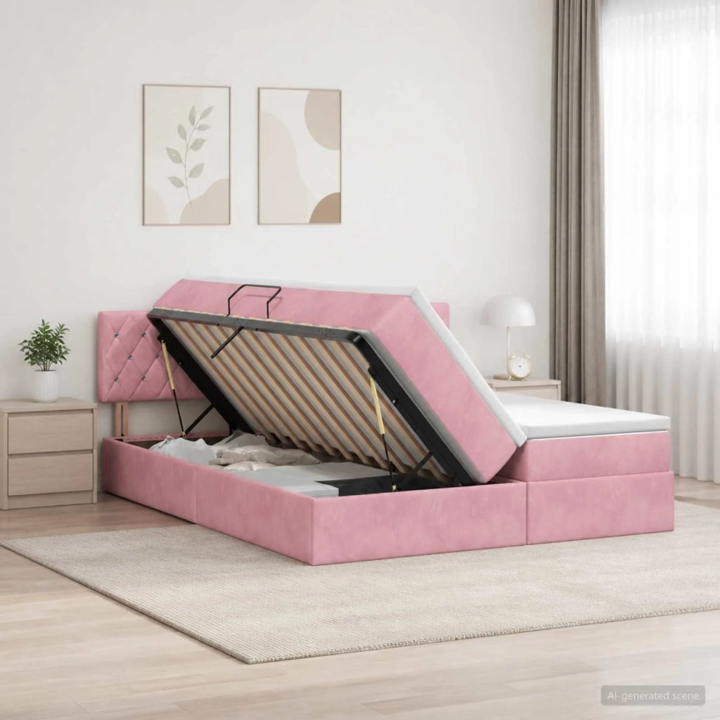 Letto con contenitore LED e materasso Rosa 200 x 200 cm Velluto 3459383