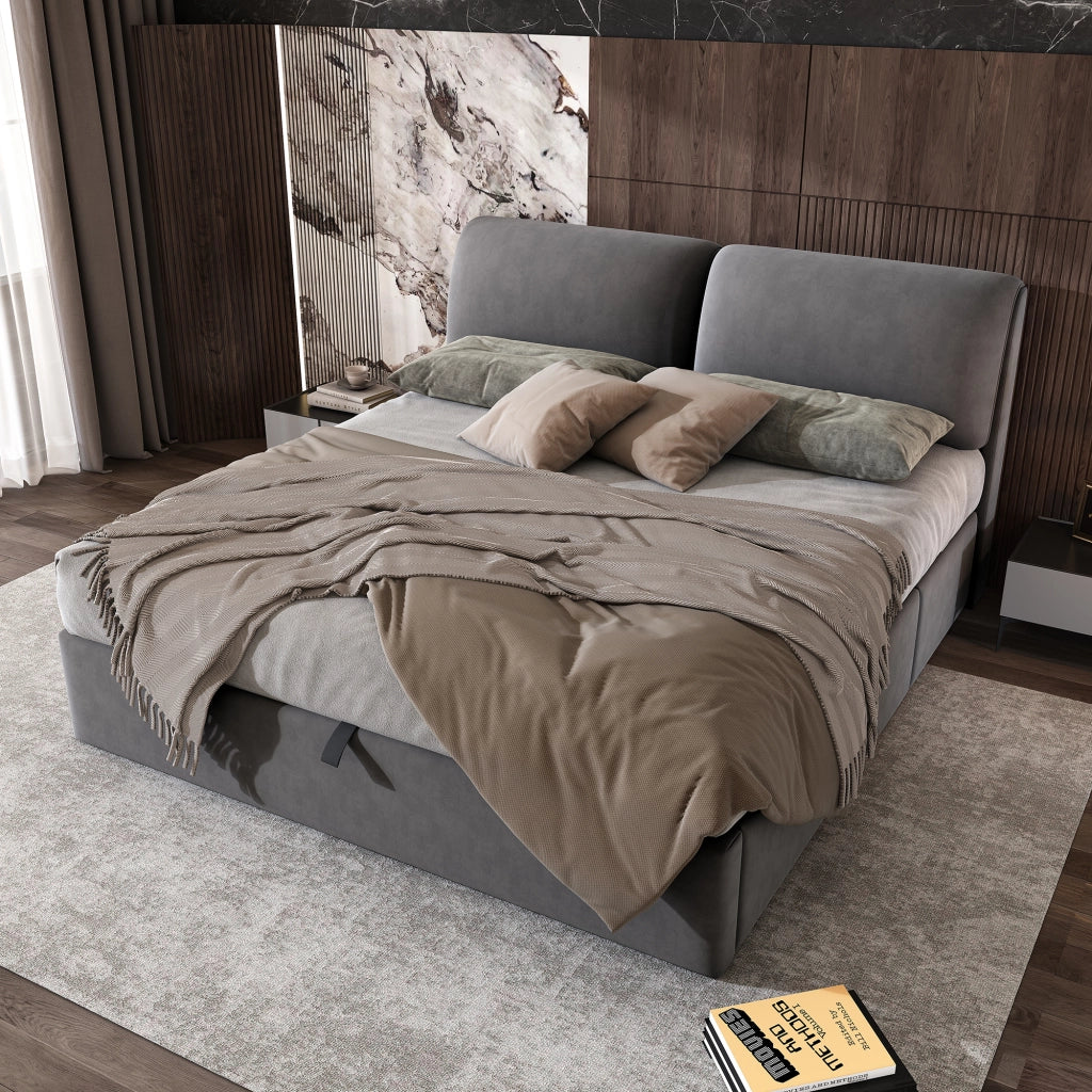 Letto imbottito 160x200 cm in velluto grigio con contenitore, 3 cassetti, testiera regolabile e rete a doghe