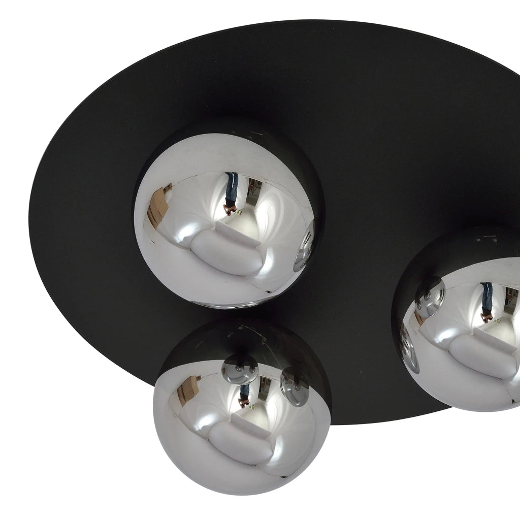 Plafoniera Minimal 3 Luci Mnemosine In Acciaio Nero E Sfere Di Vetro Fumè