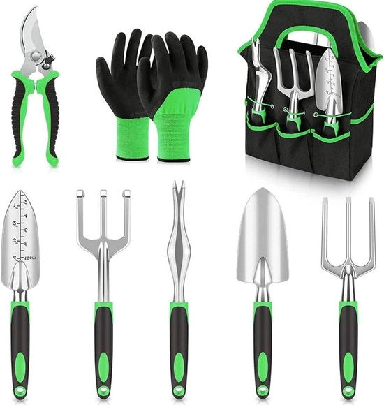 Set di attrezzi per giardinaggio professionale in acciaio con borsa - Facile stoccaggio - Kit di attrezzi per giardinaggio - Incluso paio di guanti - Borsa regalo per uomo o donna