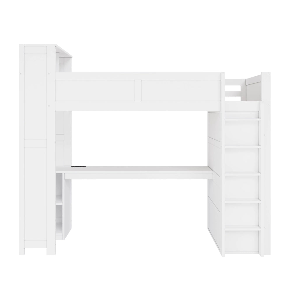 Letto a soppalco 90x200 cm con scrivania; armadio; vani; USB e LED; bianco