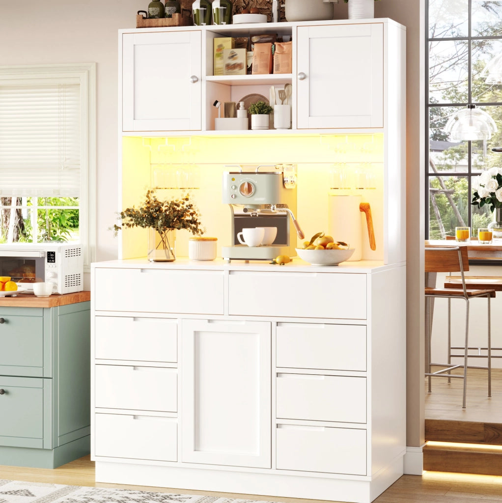 Credenza alta da cucina 120x40x183,5 cm bianca in MDF e metallo con LED