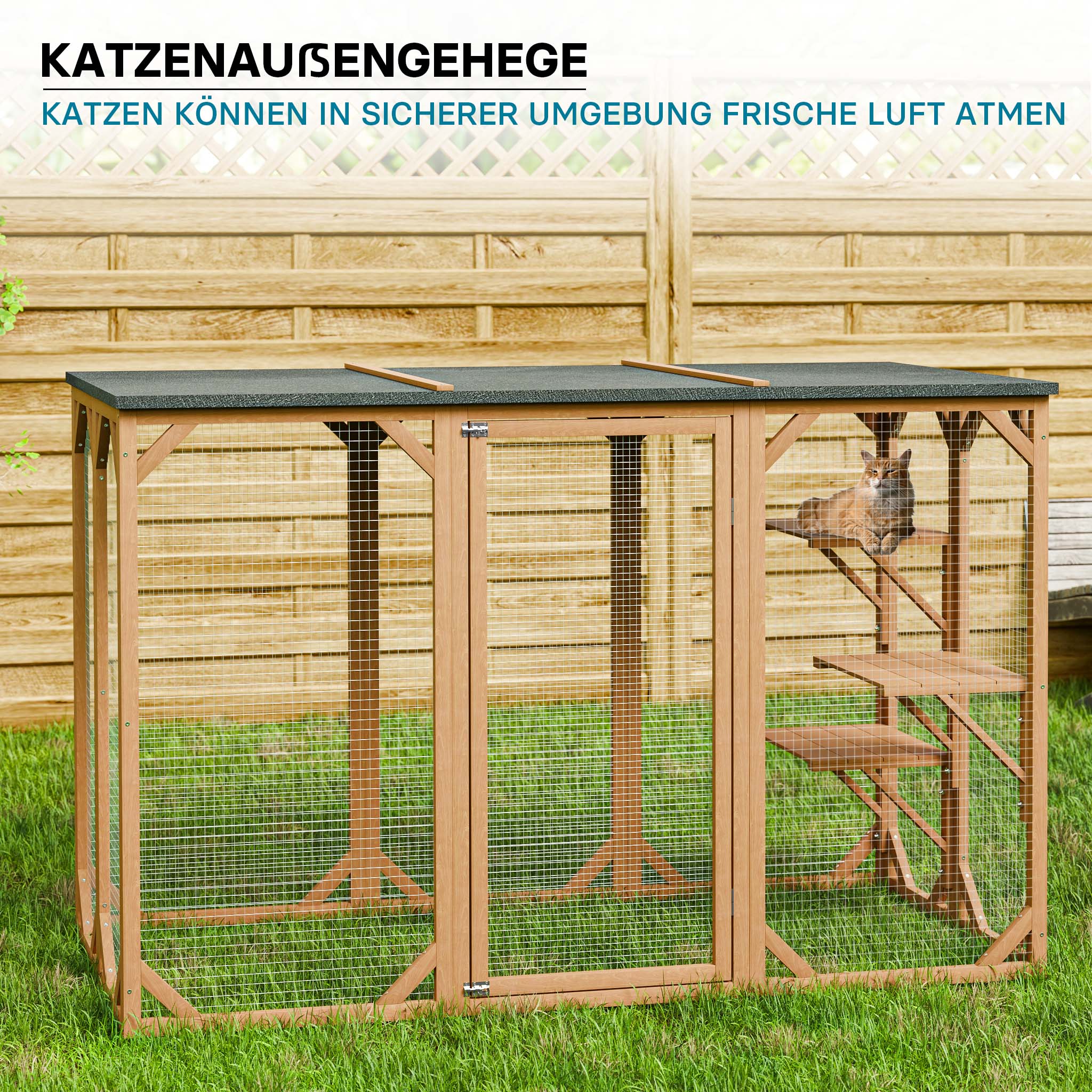 Recinto per gatti da esterno Cat run resistente alle intemperie 180x80x111,8 cm, 3 zone di riposo