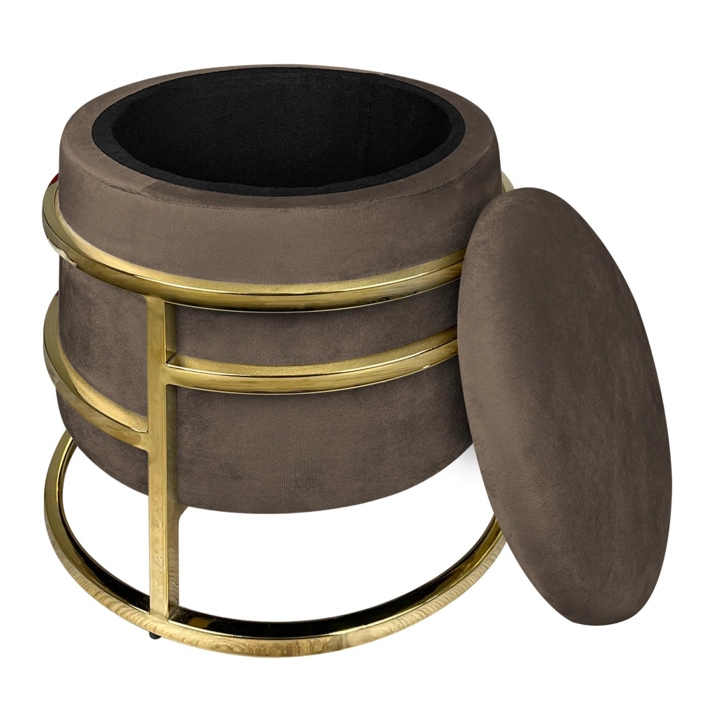 Pouf Contenitore Poggiapiedi Velluto Con Struttura Circolare Cromata Oro Elegante Imbottito Sgabello Per Toeletta Mobile Trucco Ottomano Ingresso Camera Da Letto Rotondo - Testa di moro