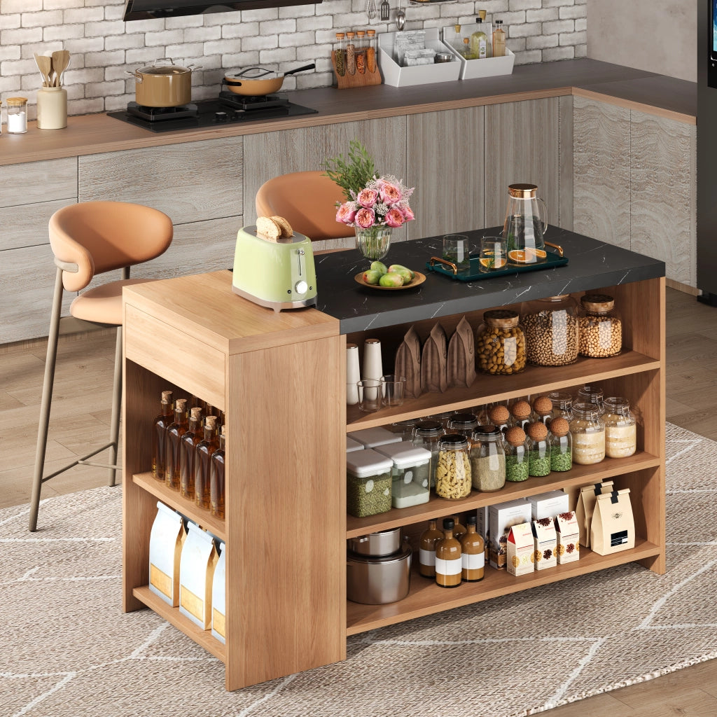 Isola cucina con bancone, 5 livelli di spazio, cassetto nascosto, effetto marmo nero e rovere, 140x60x90 cm