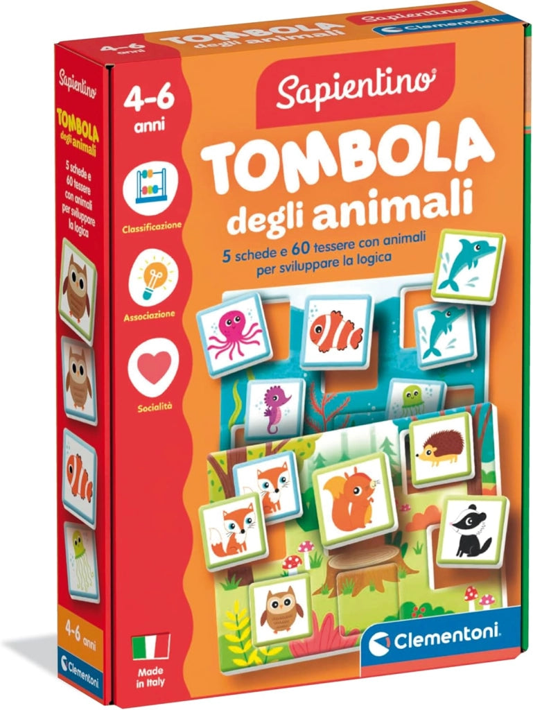 Sapientino - Tombola degli Animali, Gioco Educativo con 60 Tessere Illustrate, Flashcards per Stimolare Osservazione e M