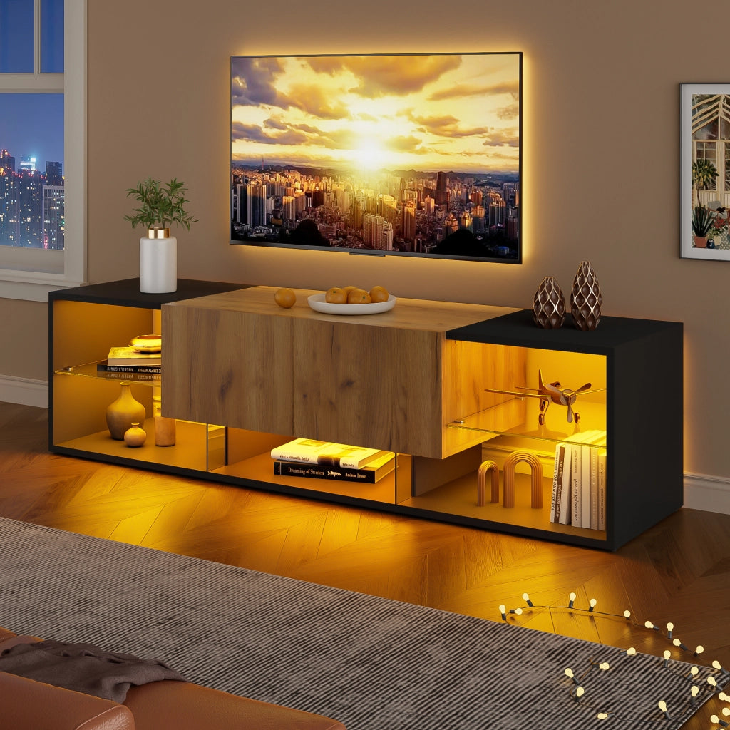 Mobile porta TV con LED e 2 cassetti, 5 vani aperti, per soggiorno, in truciolare, nero e naturale, 160 × 40 × 42 cm