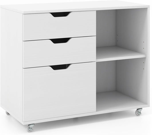 Cassettiera Ufficio, Mobiletto Rimovibili in Legno con 3 Cassetti Regolabili, 2 Scomparti e Ruote con Freno, Credenza Multiuso per Soggirno e Ingresso (Bianco)