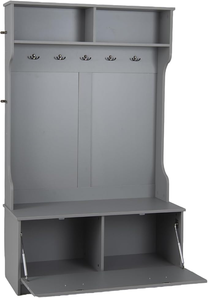 Armadio con Appendiabiti Multifunzionale, con Panca 5 Ganci Doppi, Organizzatore di Casa Indipendente per Ingresso Camera da Letto, 100x39x160 cm (Grigio)
