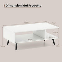 Tavolino da Caffè a 2 Livelli, Tavolino Moderno con Gambe in Metallo e Ripiano, Tavolo Centrale Rettangolare per Soggiorno, Studio e Ufficio (Bianco)