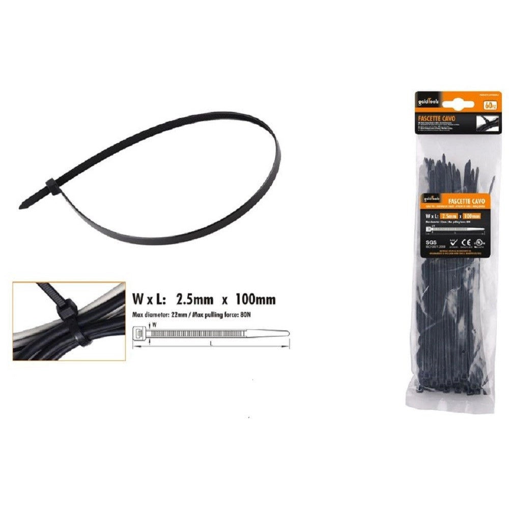 Trade Shop - Set 60 Pz Fascette Cavi Cavo Nero Stringenti In Plastica Nylon 2.5x100 Mm 92379 -