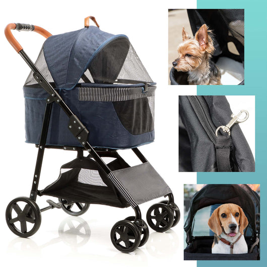 Fudajo Passeggino Pieghevole per Cani 2in1 Blu, Carrozzina e Trasportino Rimovibile, max 20 kg per Animali Taglia Piccola e Media