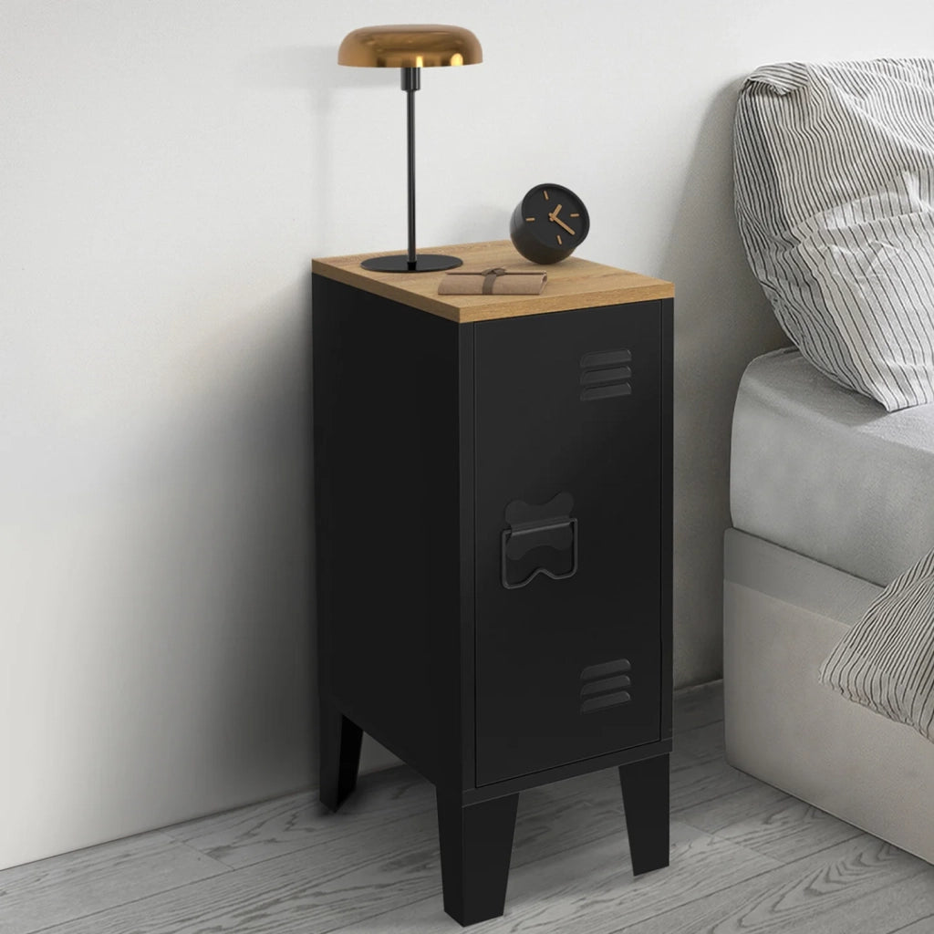 IDMarket - Set di 2 comodini stretti ESTER, 1 anta in metallo nero, piano in faggio, design industriale