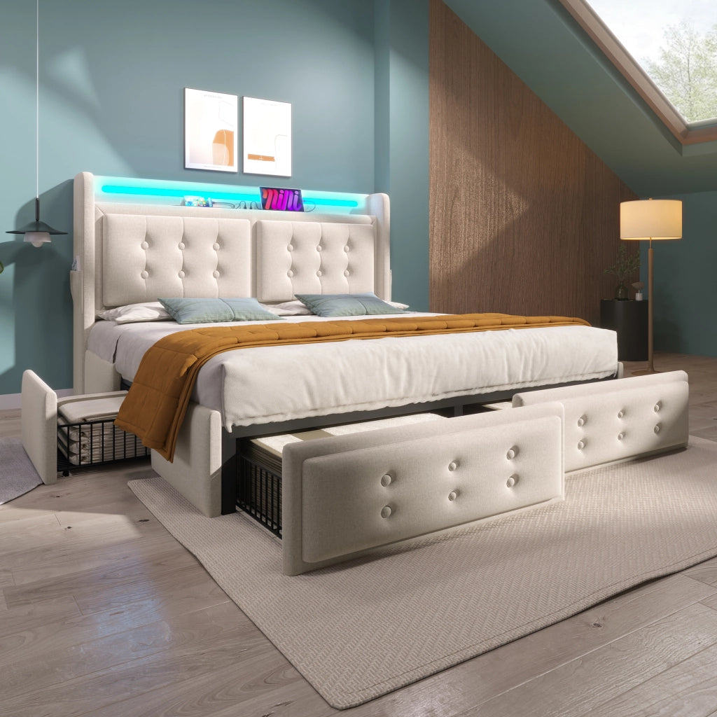 LETTO imbottito 140x200 cm in cotone-lino beige con LED, USB e 4 cassetti
