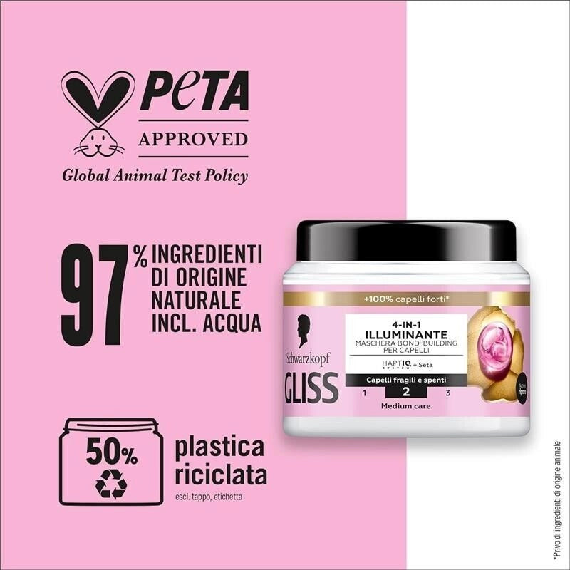SCHWARZKOPF GLISS 4-IN-1 ILLUMINANTE MASCHERA PER CAPELLI 400 ML SETA LUMINOSA HAPTIQ SYSTEM X CAPELLI FRAGILI E SPENTI