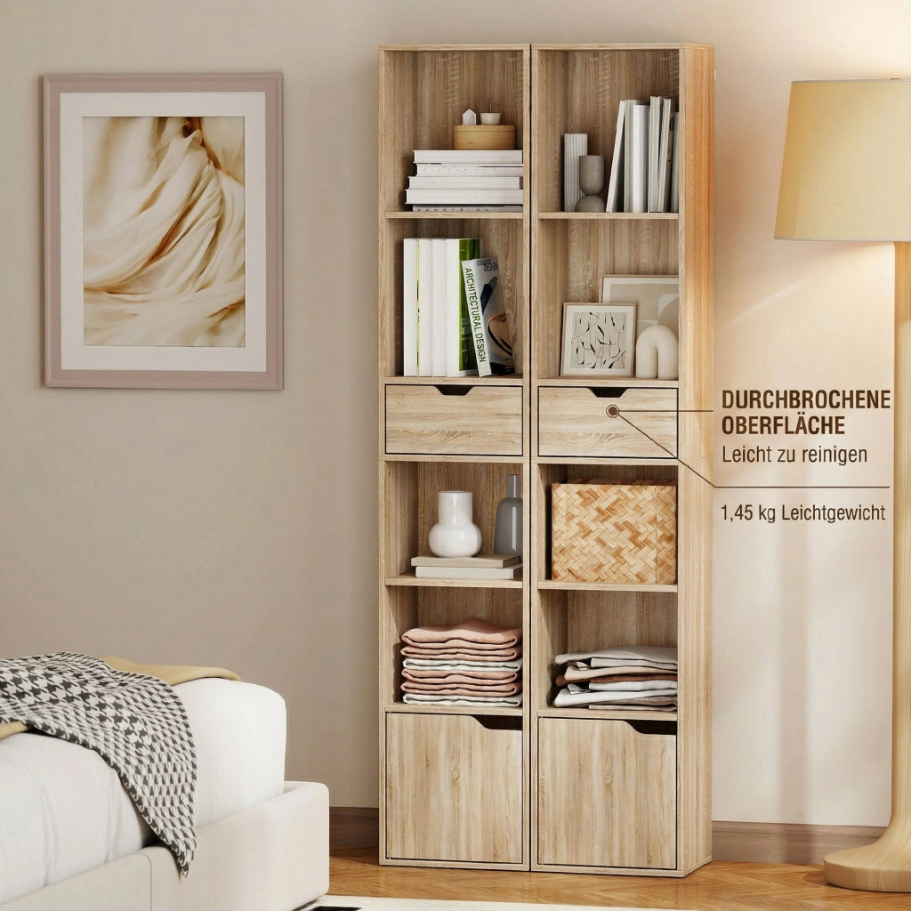 Scaffale Libreria 30x24x158 cm a 4 Ripiani Aperti con Armadietto e Cassetto Color Legno