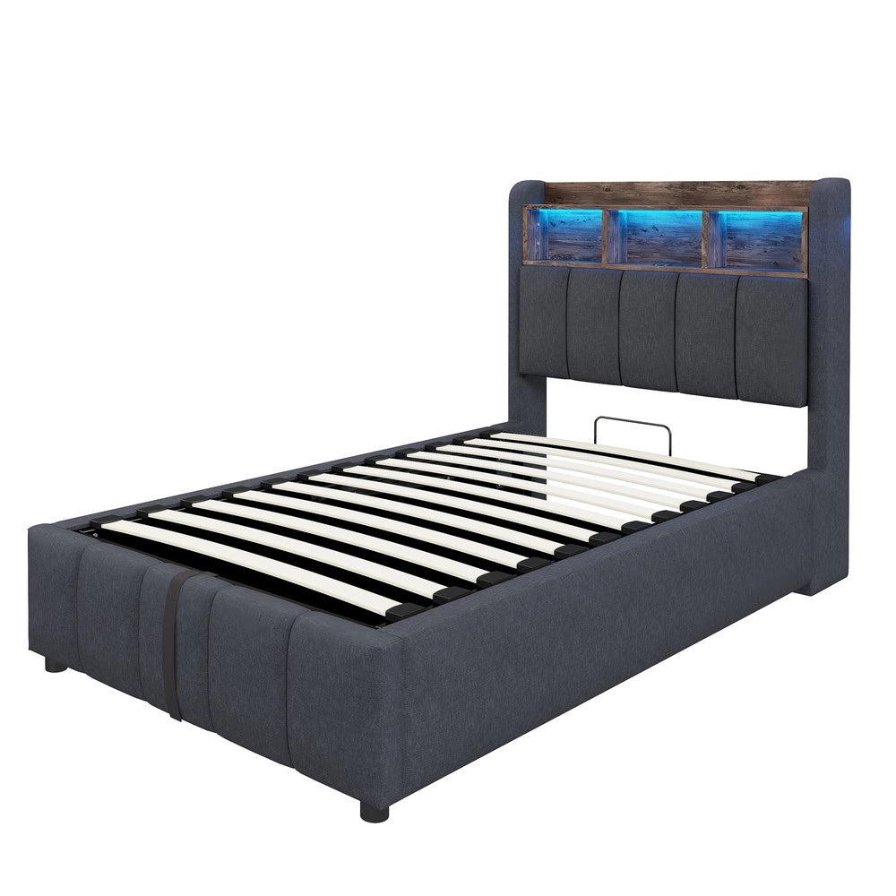 Letto Singolo Imbottito con LED, USB e Contenitore Idraulico ¨C MINIMAL ¨C Grigio, 90x200
