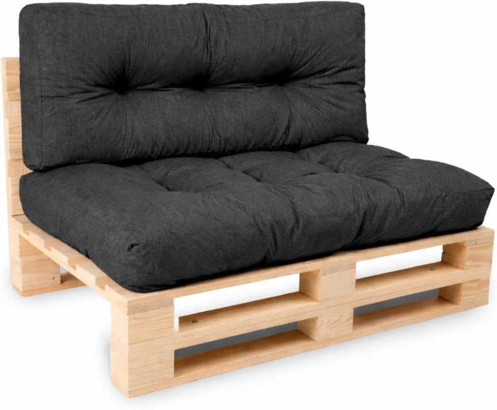 Cuscini per Pallet - Tessuto Idrorepellente e Anti-UV - Molto Confortevole, Imbottito in Schiuma - Cuscini per Divano Esterno Giardino (Seduta 120x80 cm + Schienale 120x40 cm, Nero)
