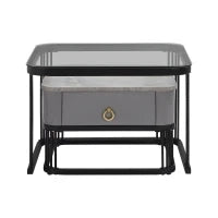 Set di 2 Tavolini da Salotto Impilabili con Piano in Marmo Lucido e Vetro, Struttura in Metallo e Cassetti, 60x60x42 cm + 50x50x34 cm, Nero