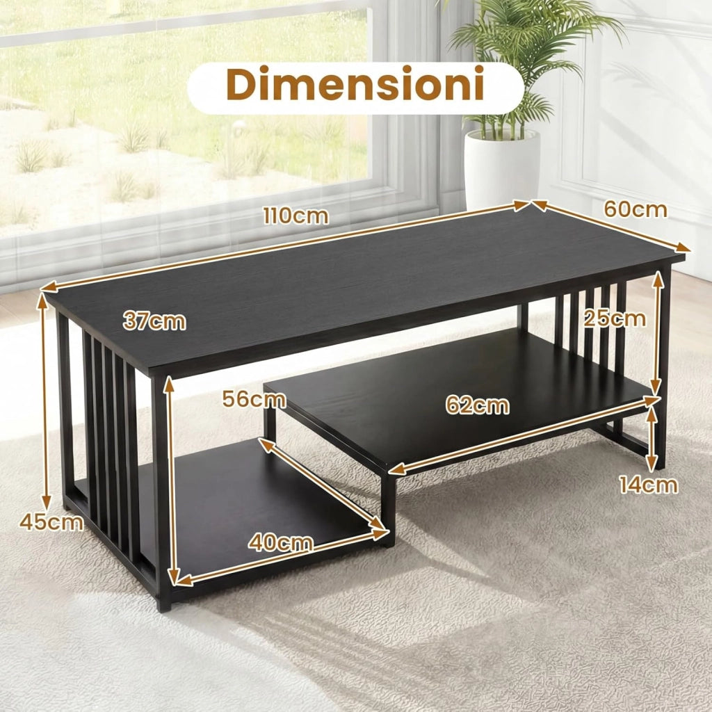 Tavolino da Caffè Rettangolare con 2 Ripiani Portaoggetti e Struttura in Metallo Resistente, Tavolo dallo Stile Moderno, Tavolino Cocktail per Soggiorno e Lounge, 110 x 60 x 45 cm (Nero)