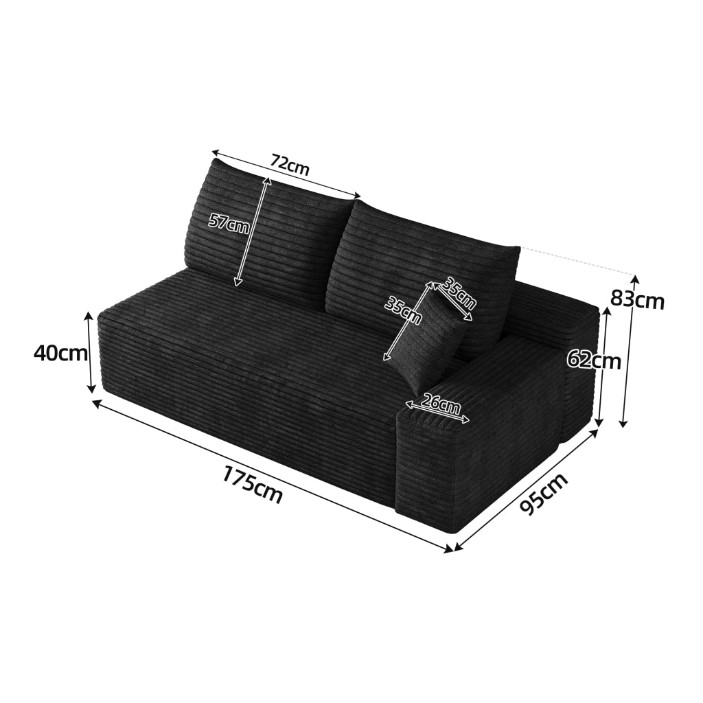 Divano modulare a 2 posti con chaise longue senza montaggio in tessuto a coste peluche nero salvaspazio