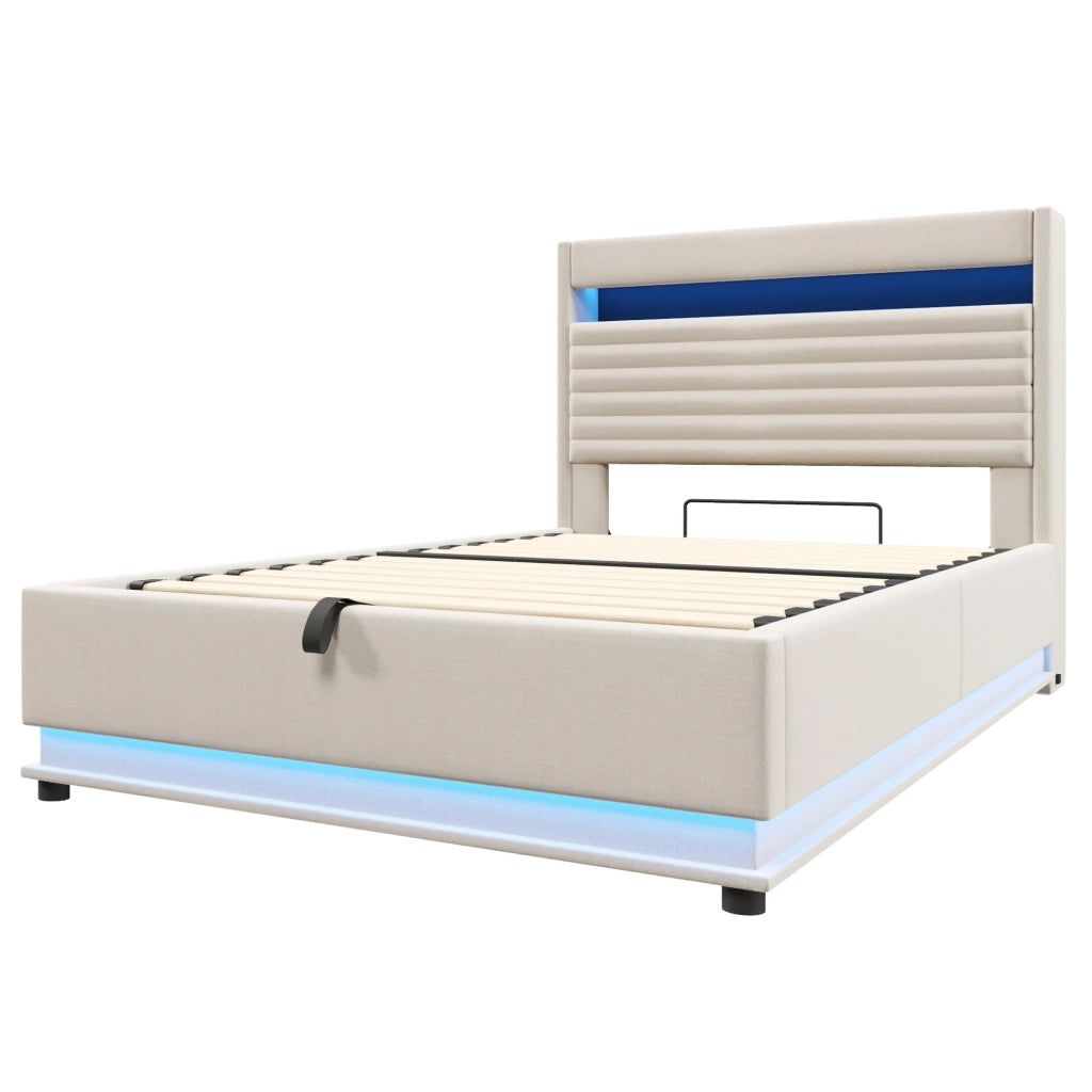Letto imbottito con contenitore 140x200 cm in lino beige; LED e ricarica USB Type-C
